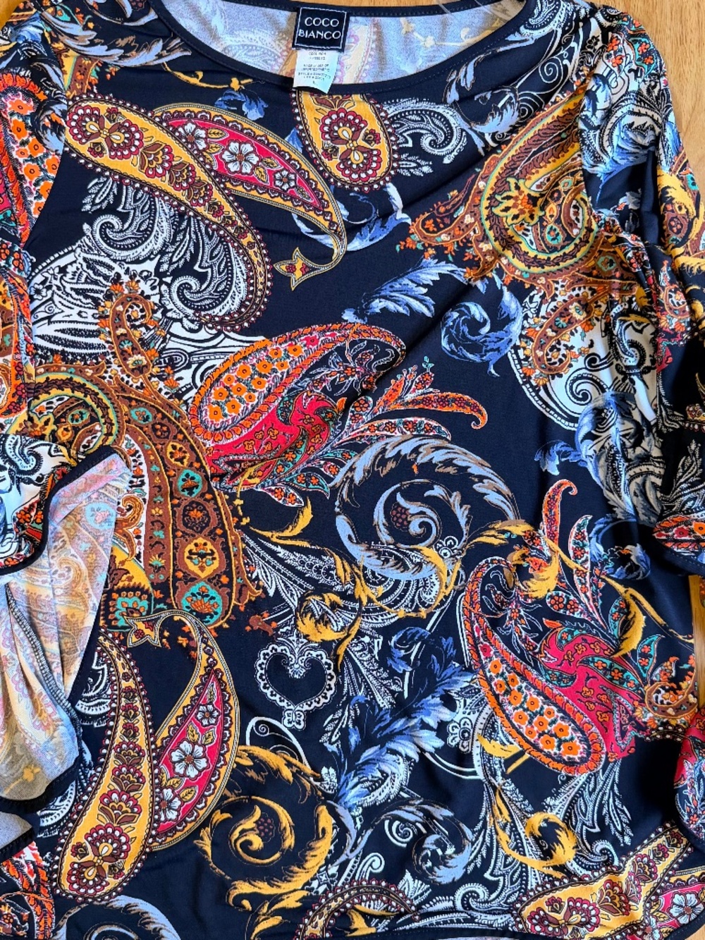 Coco Bianco Womens XL Paisley Bell Sleeve Blouse Multi-Color Scoop Neck